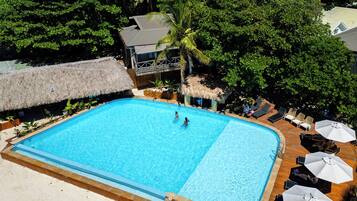 Outdoor pool, pool umbrellas, pool loungers