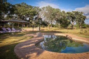 Utomhuspool, parasoller och solstolar