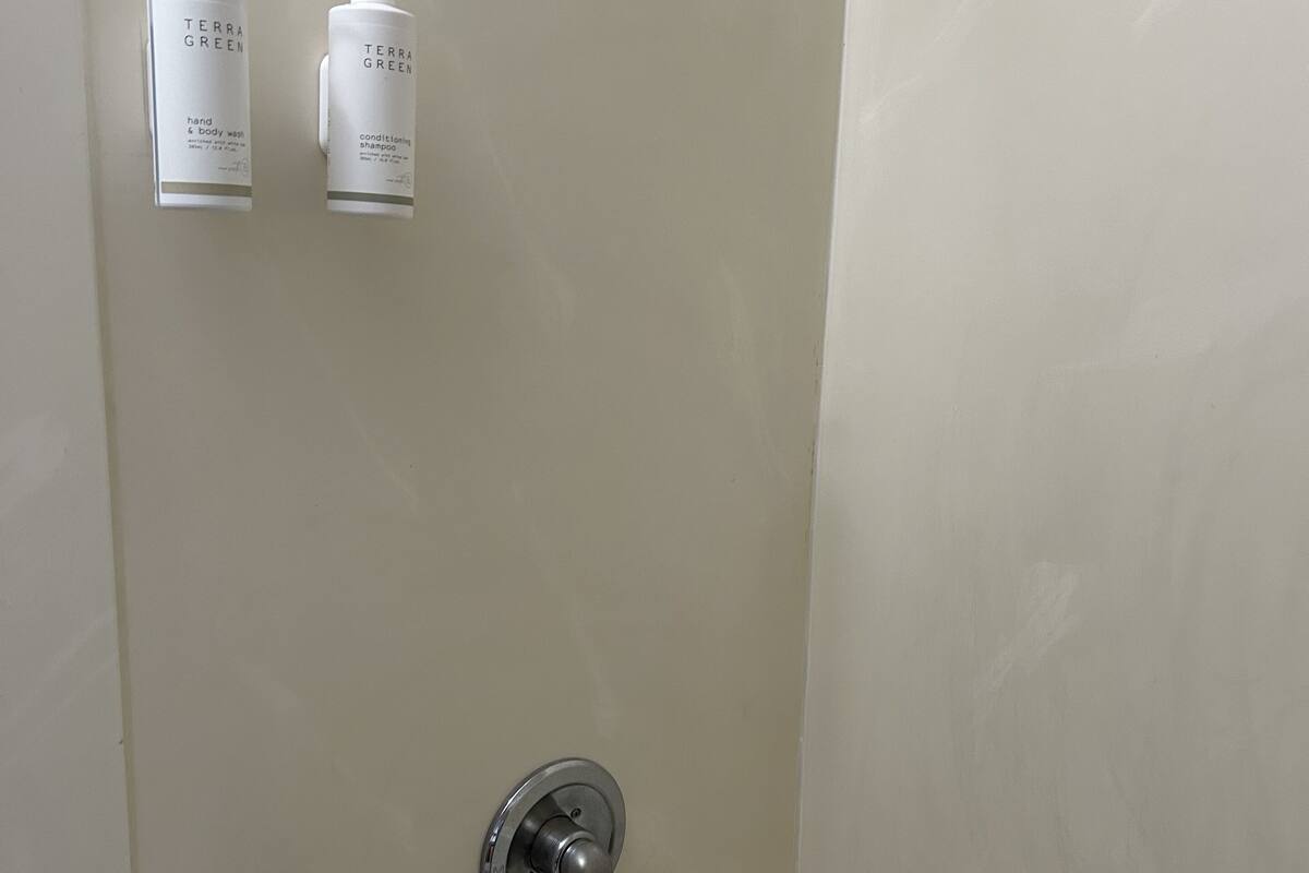 Combined shower/tub, hair dryer, towels