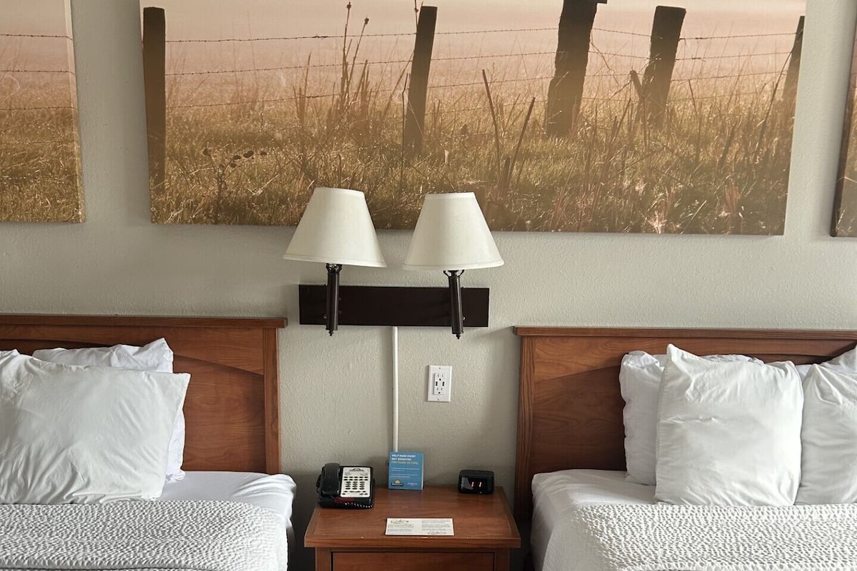 Standard Room, 2 Queen Beds | Desk, laptop workspace, blackout drapes, iron/ironing board