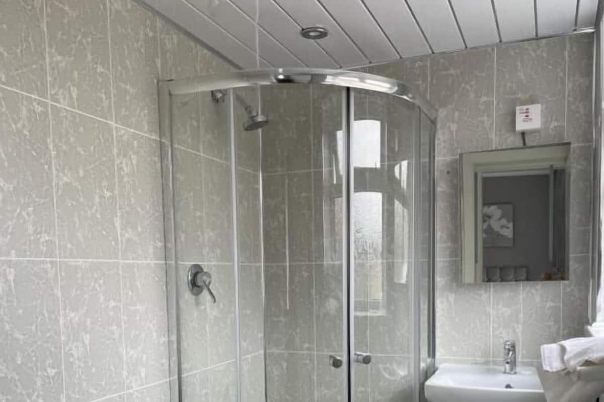 A bathroom with a glass-enclosed shower, a toilet, a sink, and a cabinet.