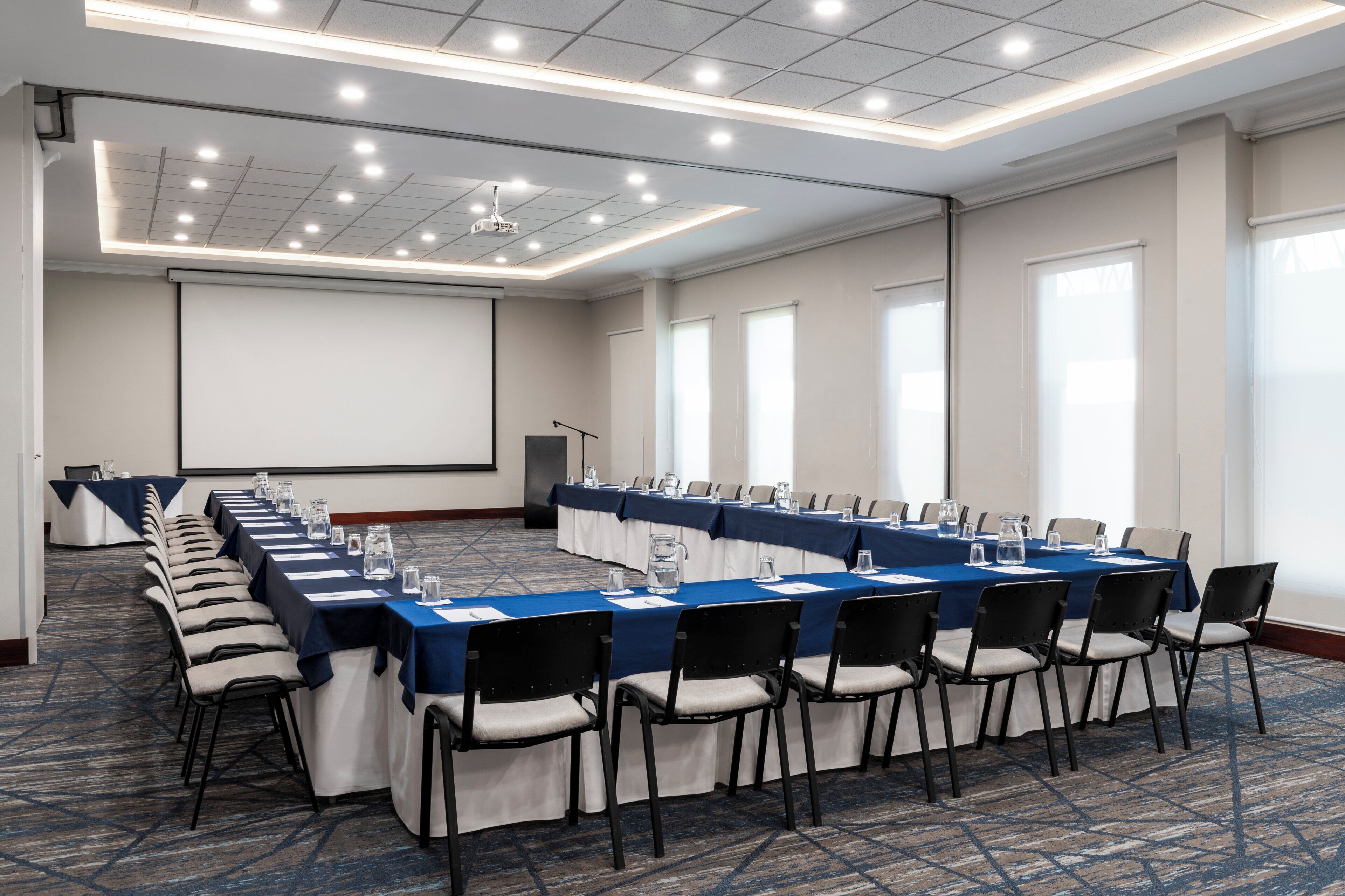 Una sala de conferencias con una larga mesa, sillas, una pantalla de proyector y piso alfombrado.
