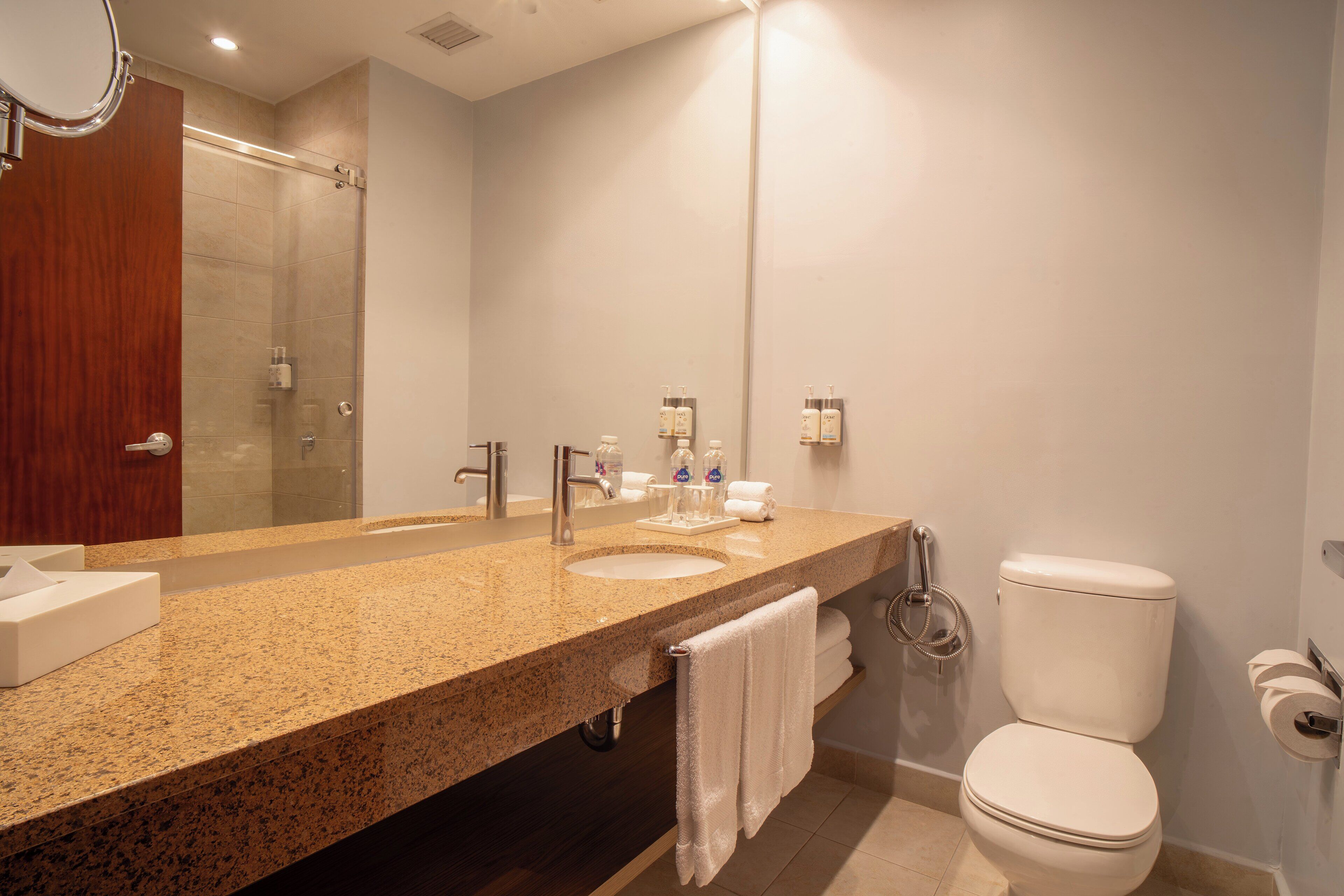 A modern bathroom with a granite countertop, two sinks, a large mirror, and a toilet.