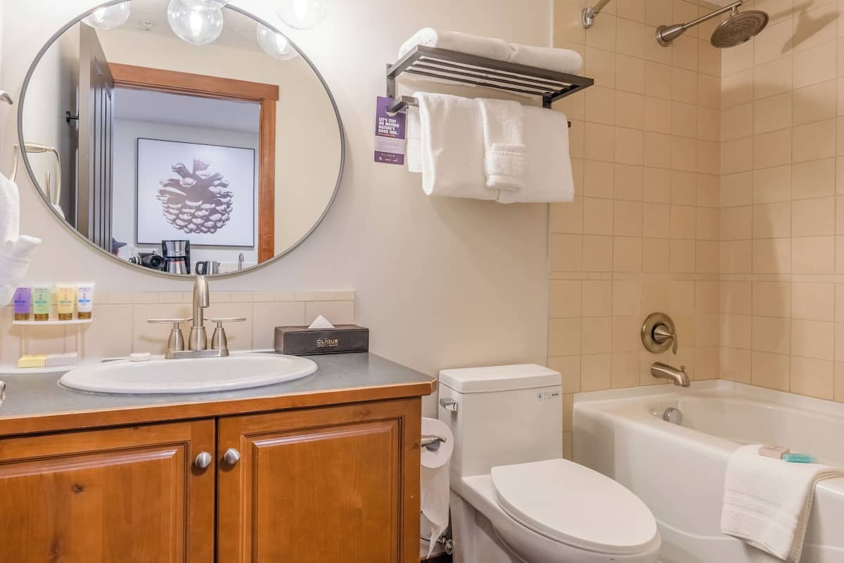 combined shower/bathtub, deep-soaking bathtub, rainfall showerhead