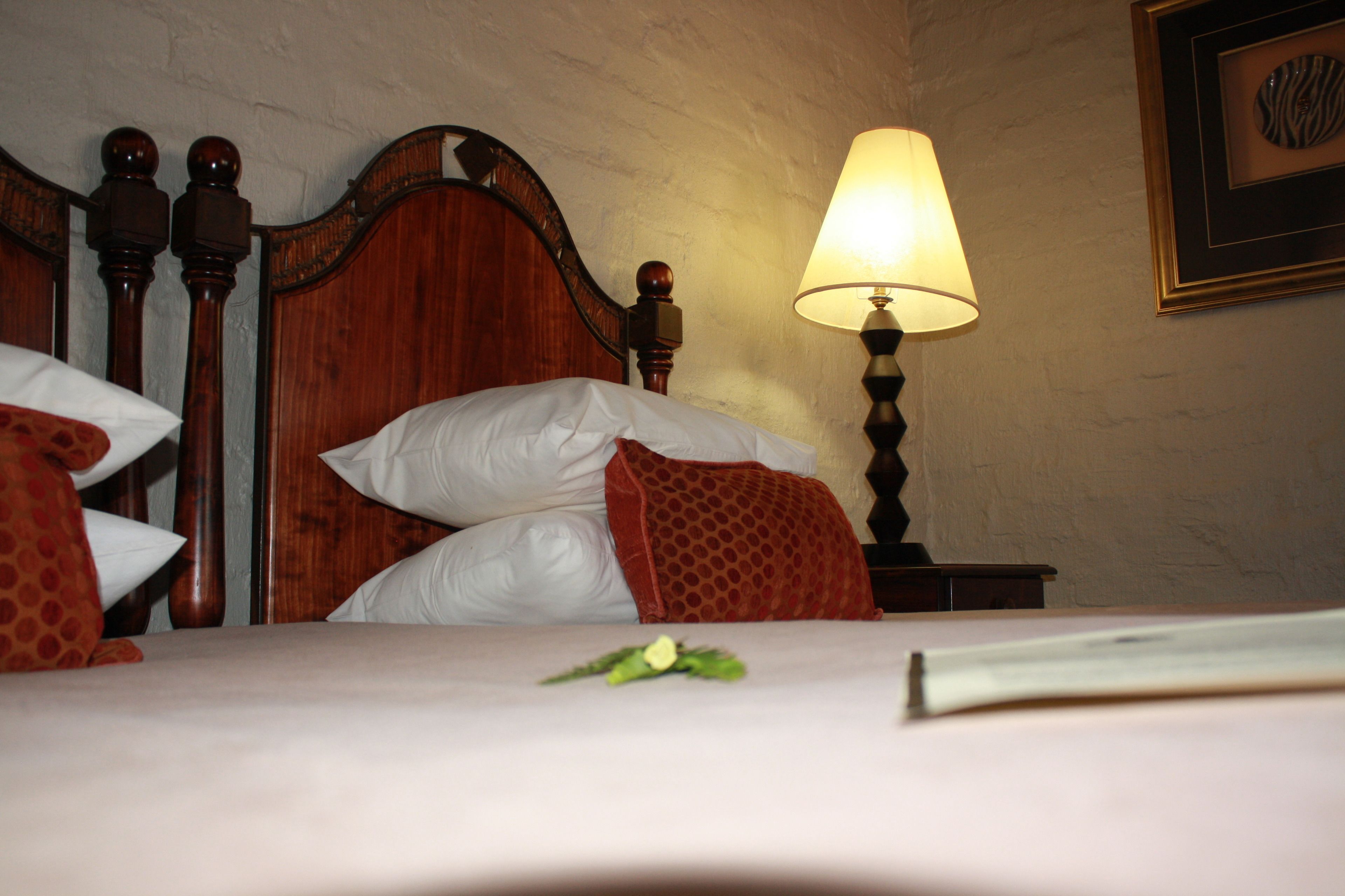 A hotel room with a wooden headboard, a bedside lamp, and a bed with white linens and a red patterned pillow.