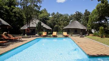 Una piscina al aire libre, sombrillas, sillones reclinables de piscina