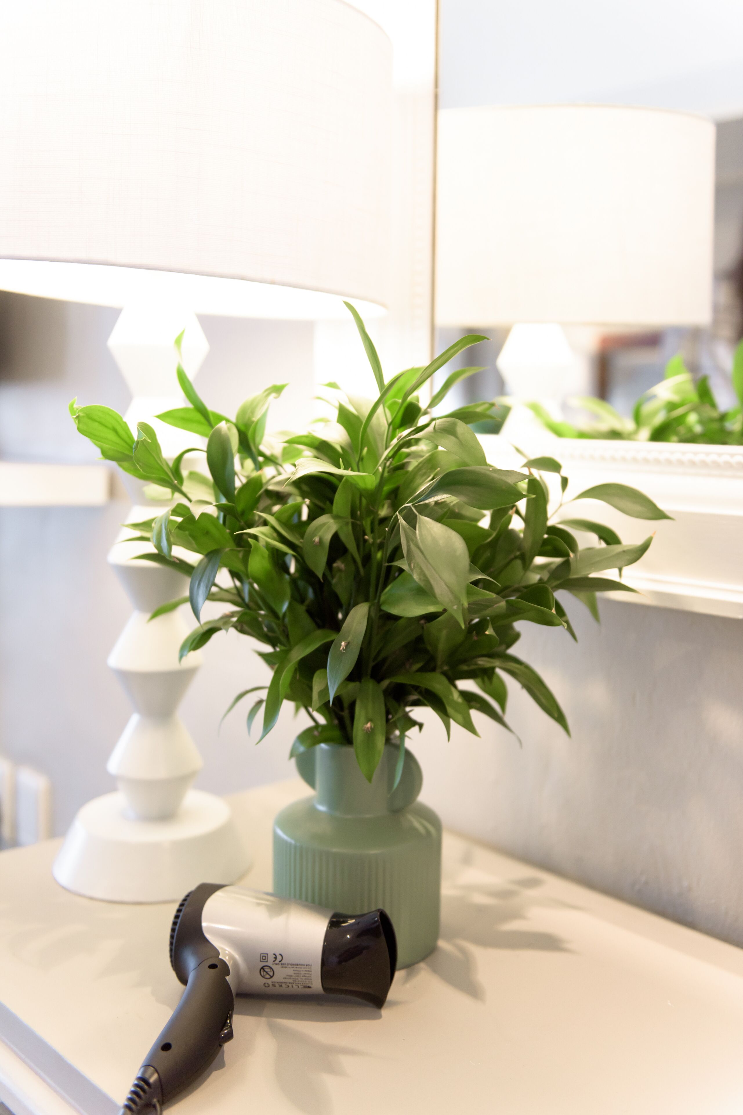 Un baño con un lavamanos blanco, un florero verde con una planta y un secador de pelo en la encimera.