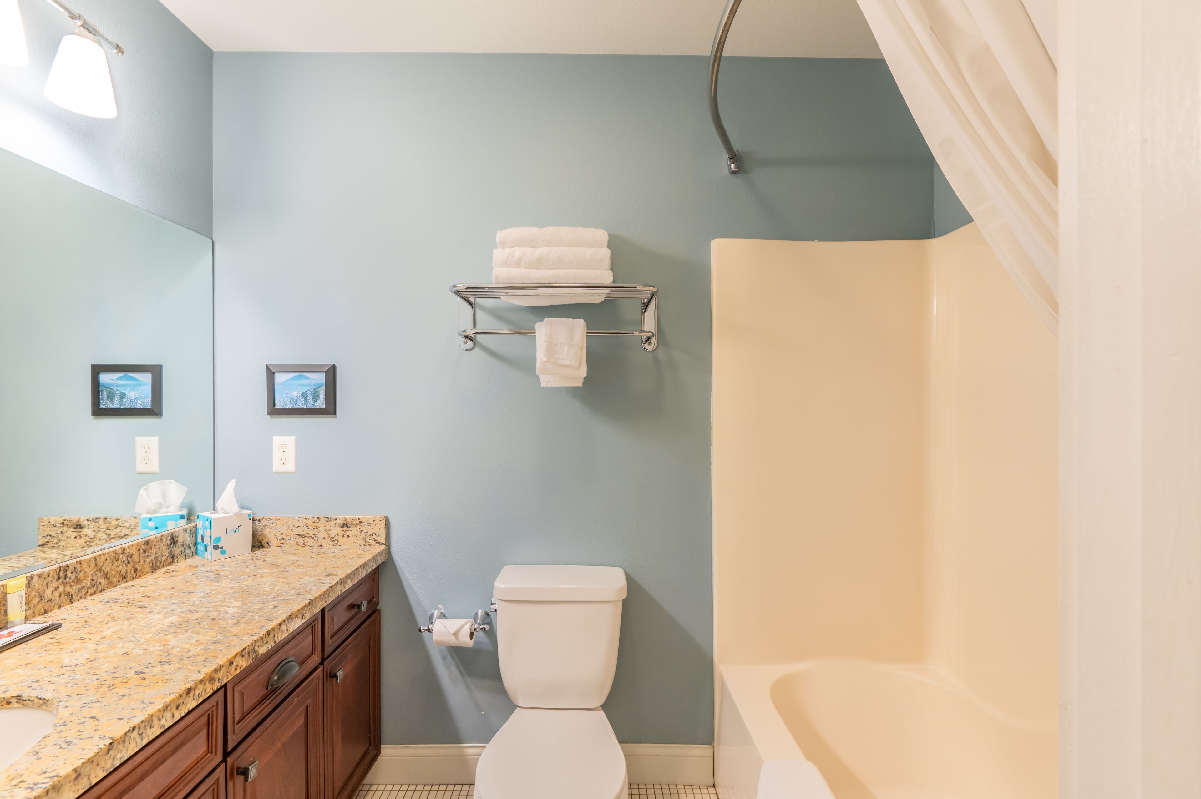 A bathroom with a toilet, sink, and shower. There are towels on a rack and a picture on the wall.
