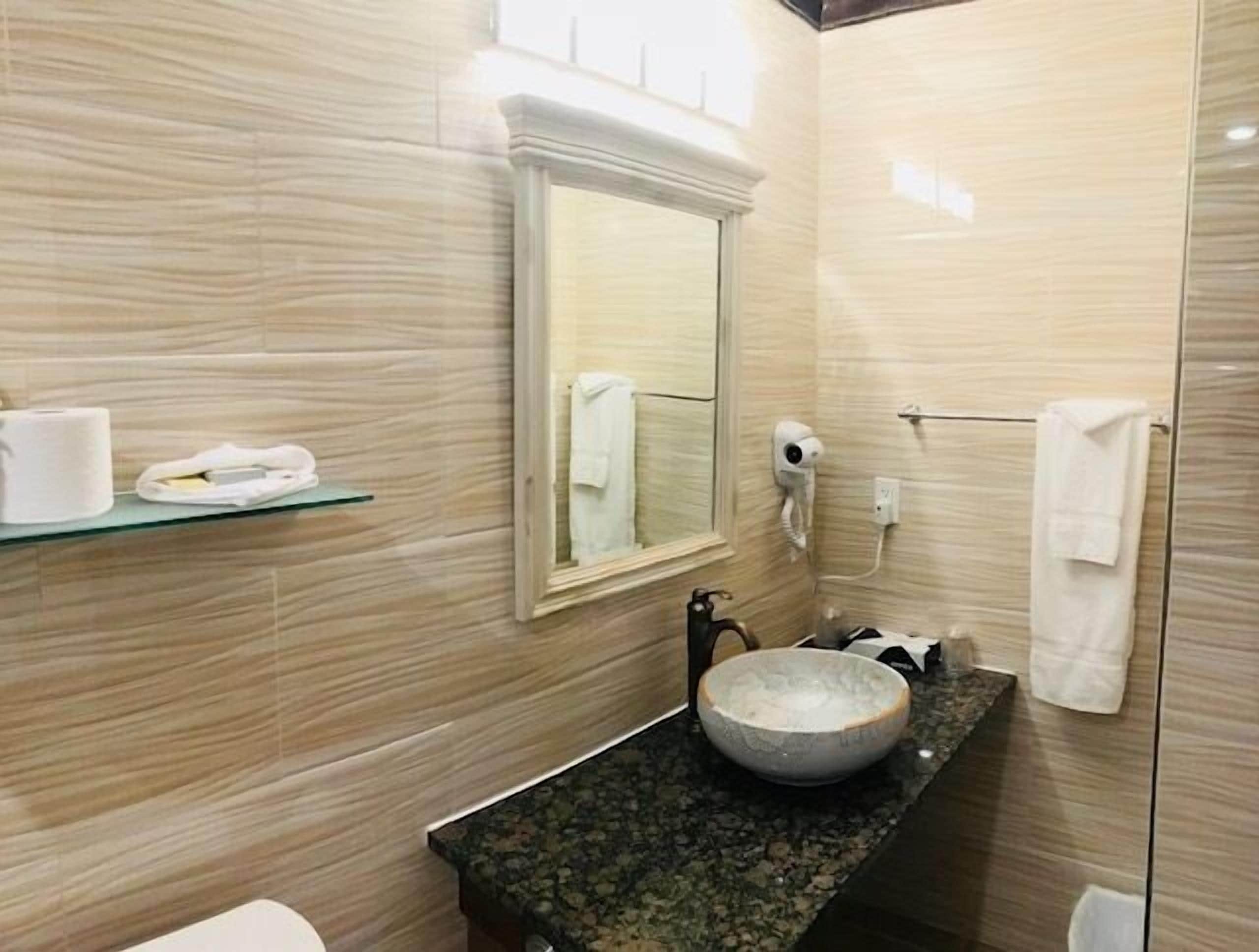 A bathroom with a large mirror, a sink with a stone basin, a towel rack, and a hairdryer on the wall.