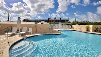 Outdoor pool, open 8 AM to 8 PM, pool umbrellas, sun loungers