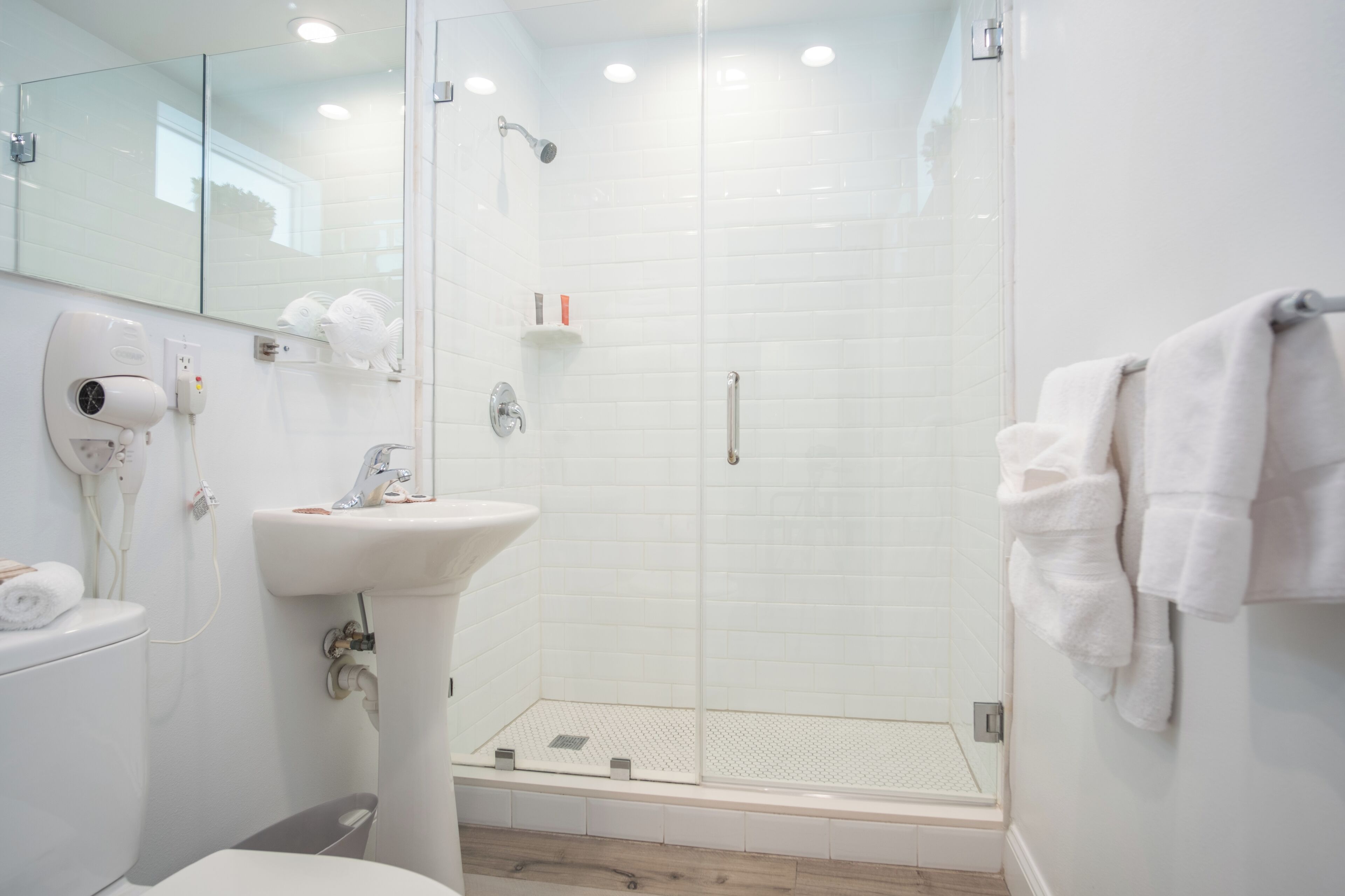 A modern bathroom with a glass shower enclosure, a white sink, and a toilet.