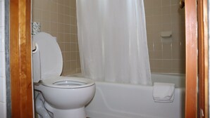 A bathroom with a toilet, a bathtub, and a shower curtain.
