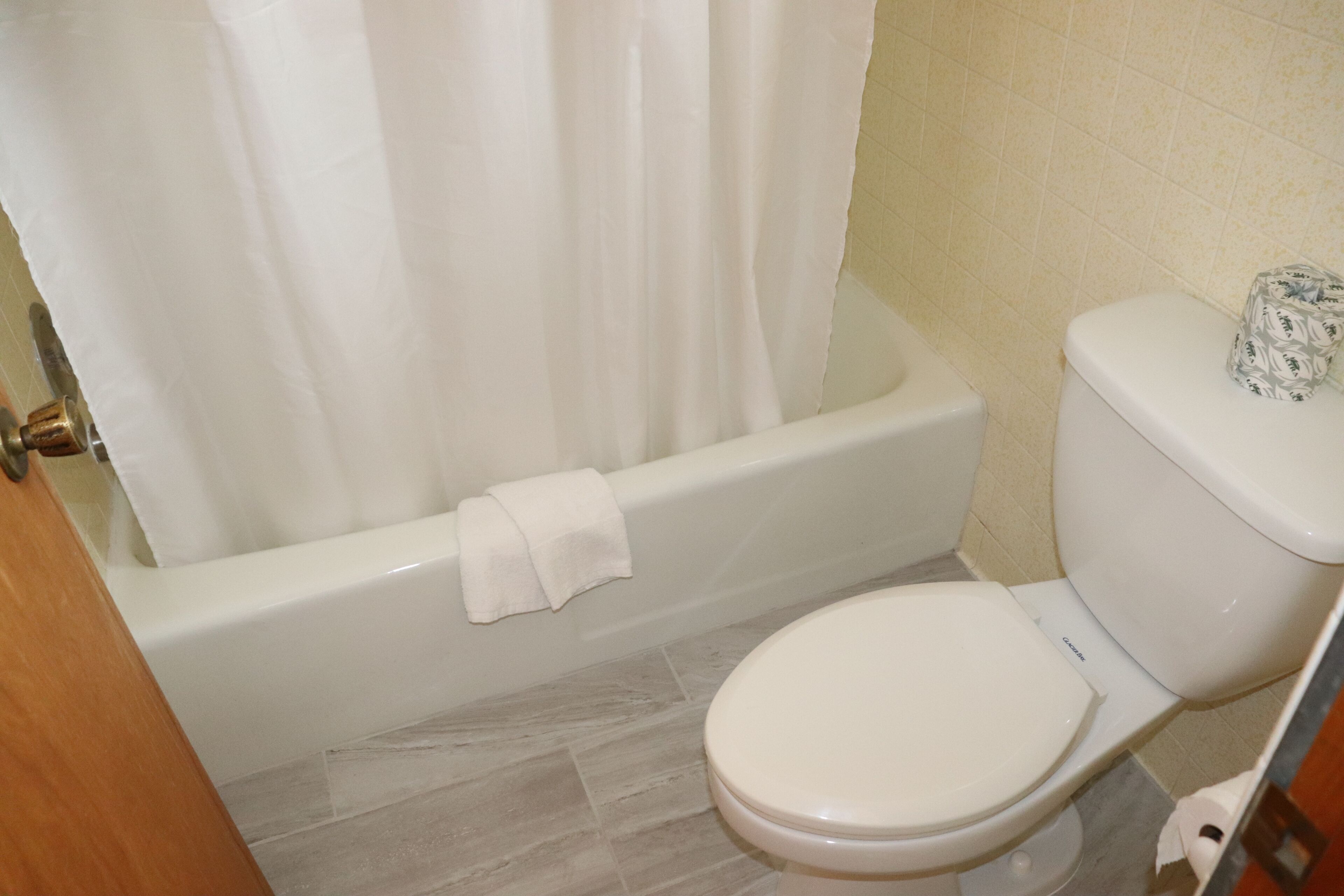 A bathroom with a bathtub, toilet, and a shower curtain.