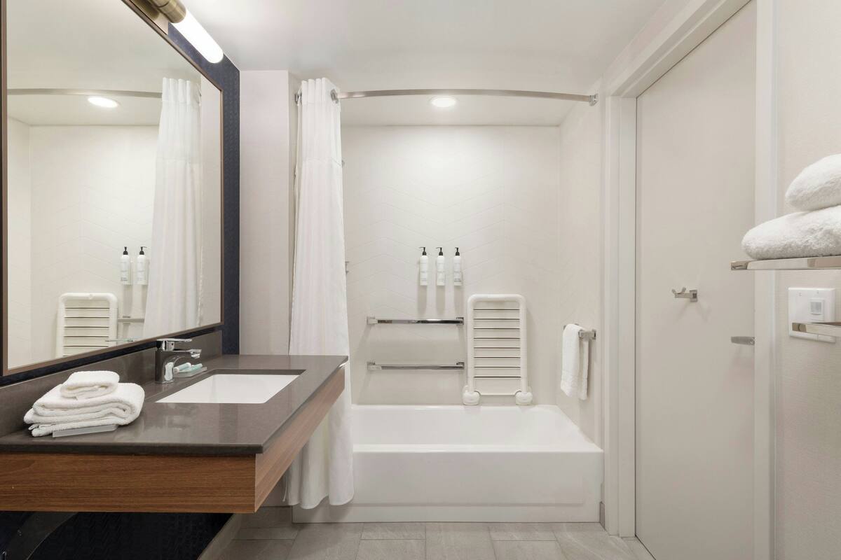 combined shower/bathtub, free toiletries, hair dryer, towels