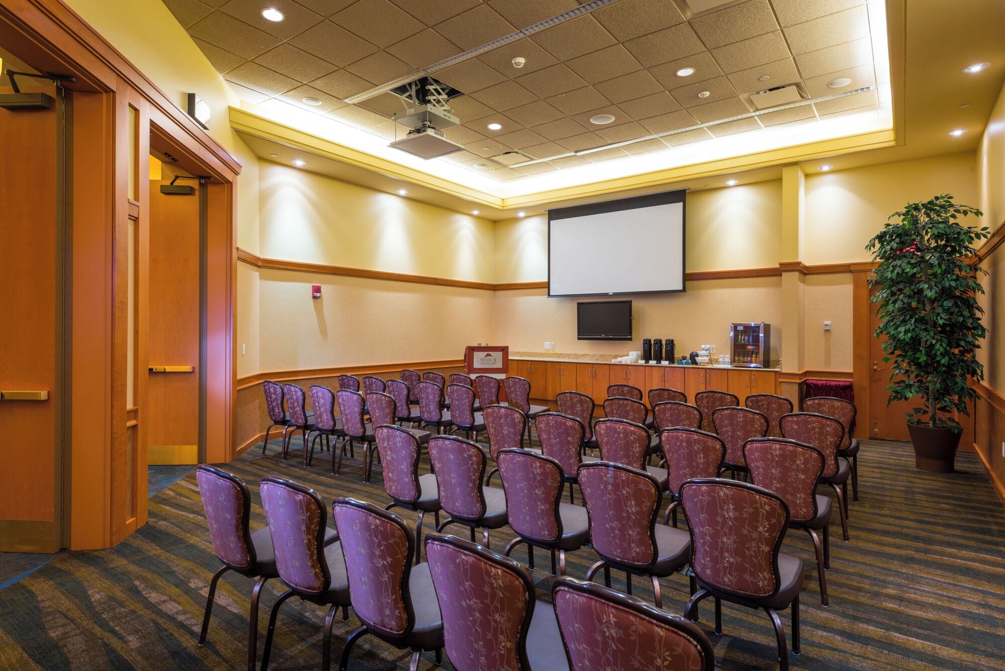 A conference room with rows of chairs, a projector screen, a television, and a reception desk.