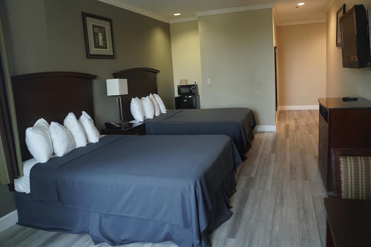 A hotel room with two beds, a desk, a lamp, a microwave, and a TV.