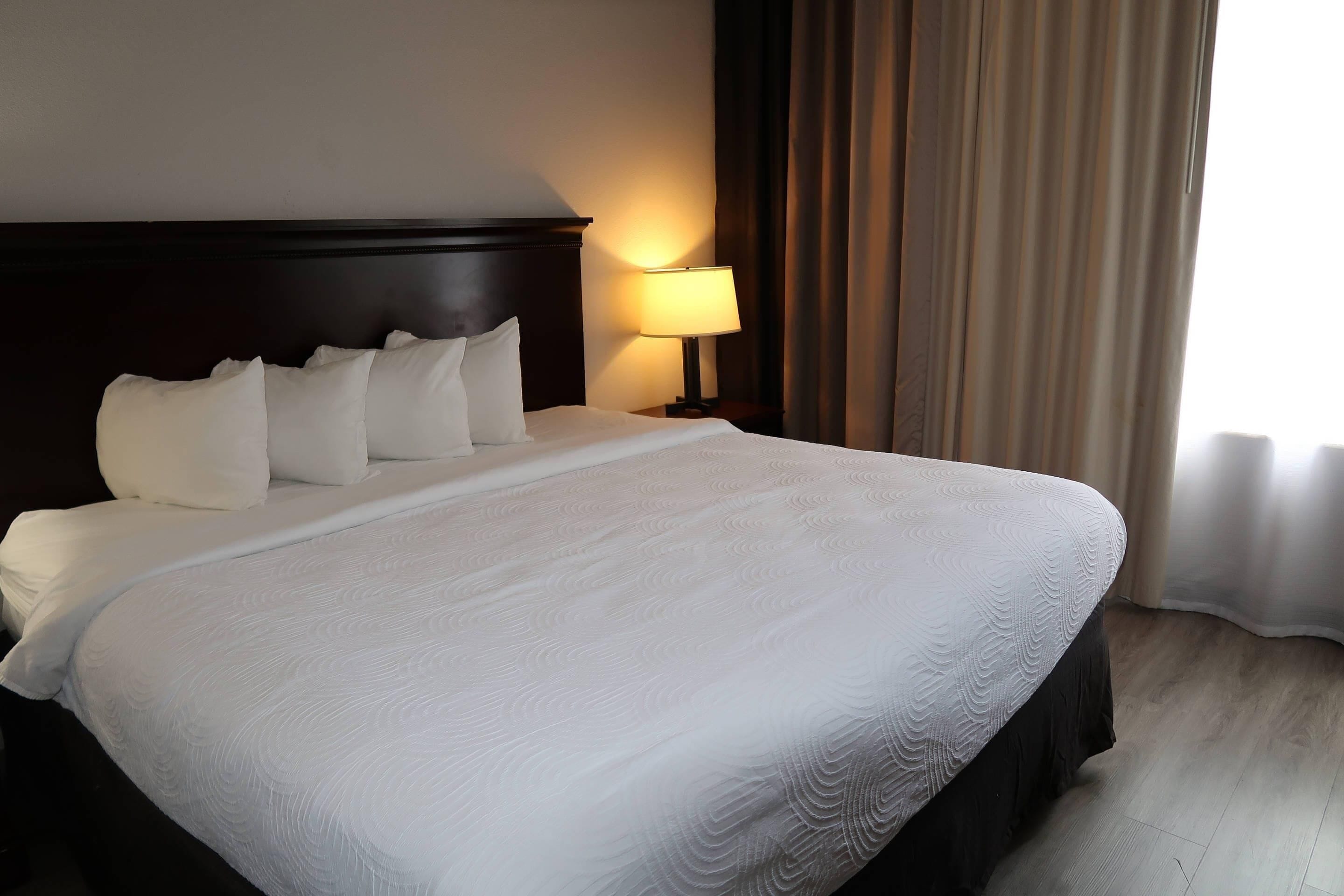 A neatly made bed with white linens, a dark headboard, and a bedside lamp.