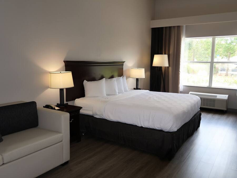 A hotel room with a large bed, two bedside lamps, a sofa, and a window with curtains.
