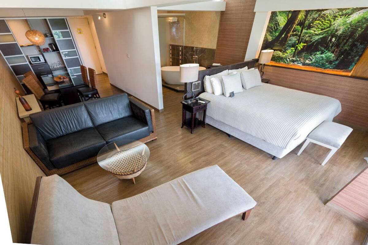 Une chambre d’hôtel moderne équipée d’un grand lit, d’un canapé, d’un fauteuil, d’un bureau et d’un espace douche.