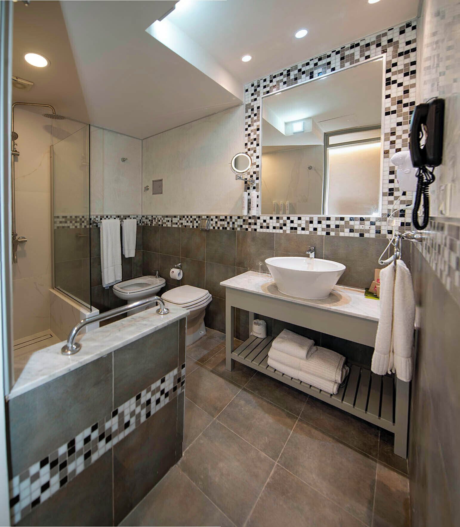 A modern bathroom with a glass-enclosed shower, a large sink with a vessel basin, and a toilet.