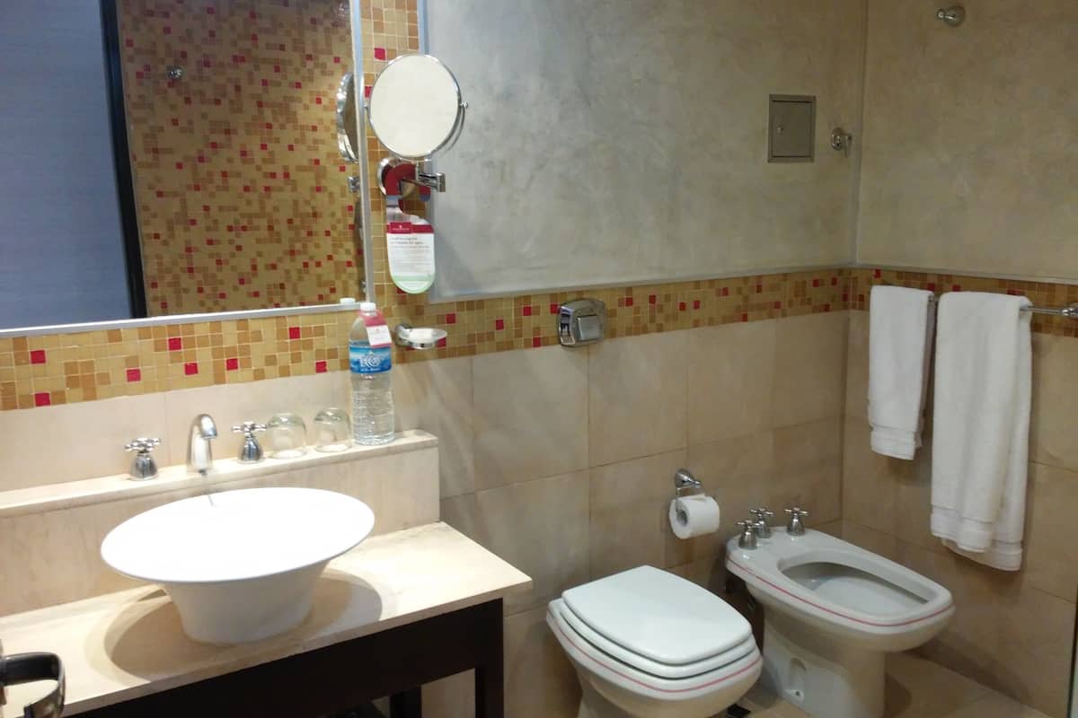 combined shower/bathtub, eco-friendly toiletries, hair dryer, bathrobes