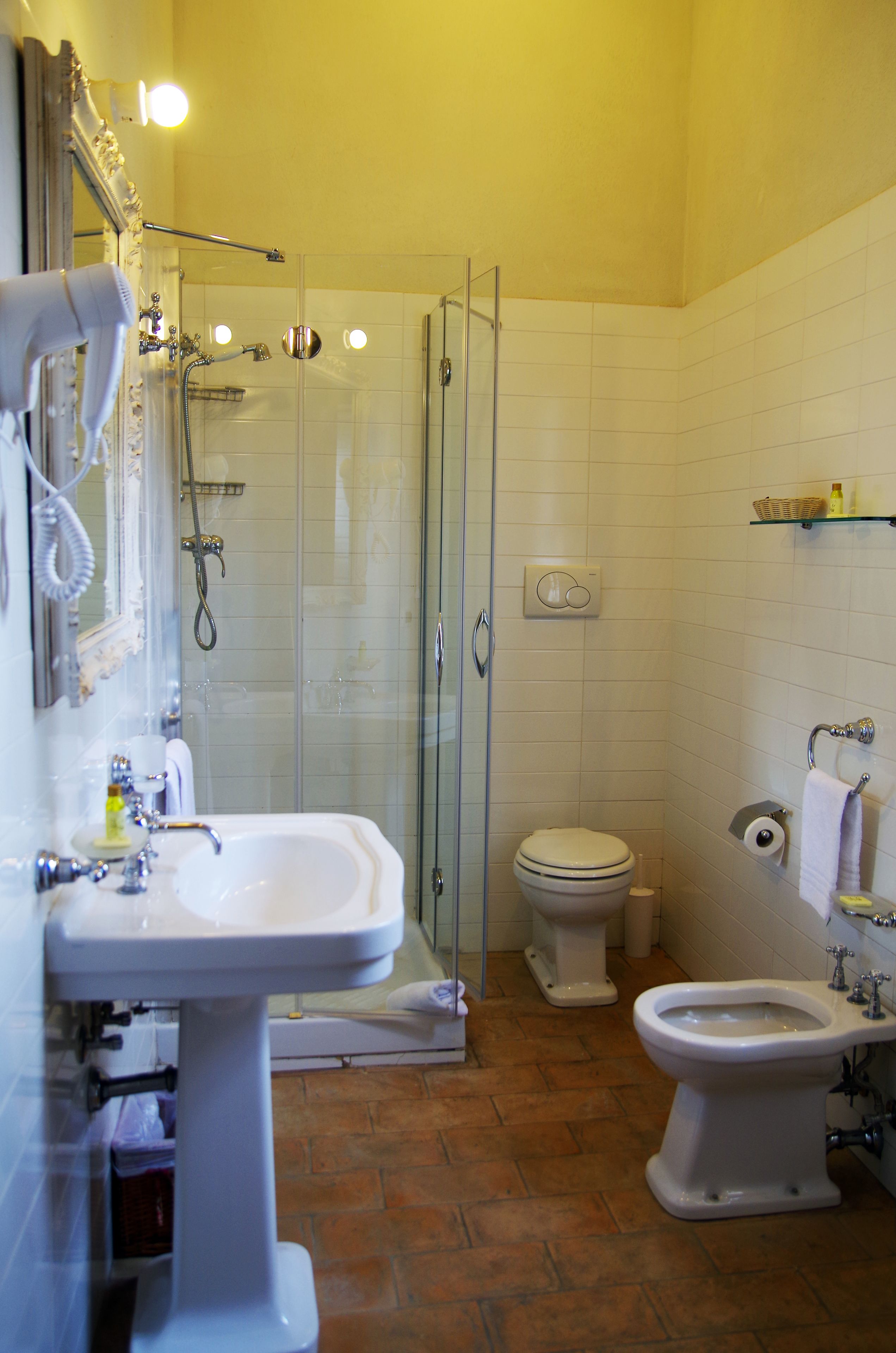 A bathroom with a shower, two toilets, a sink, and a mirror.