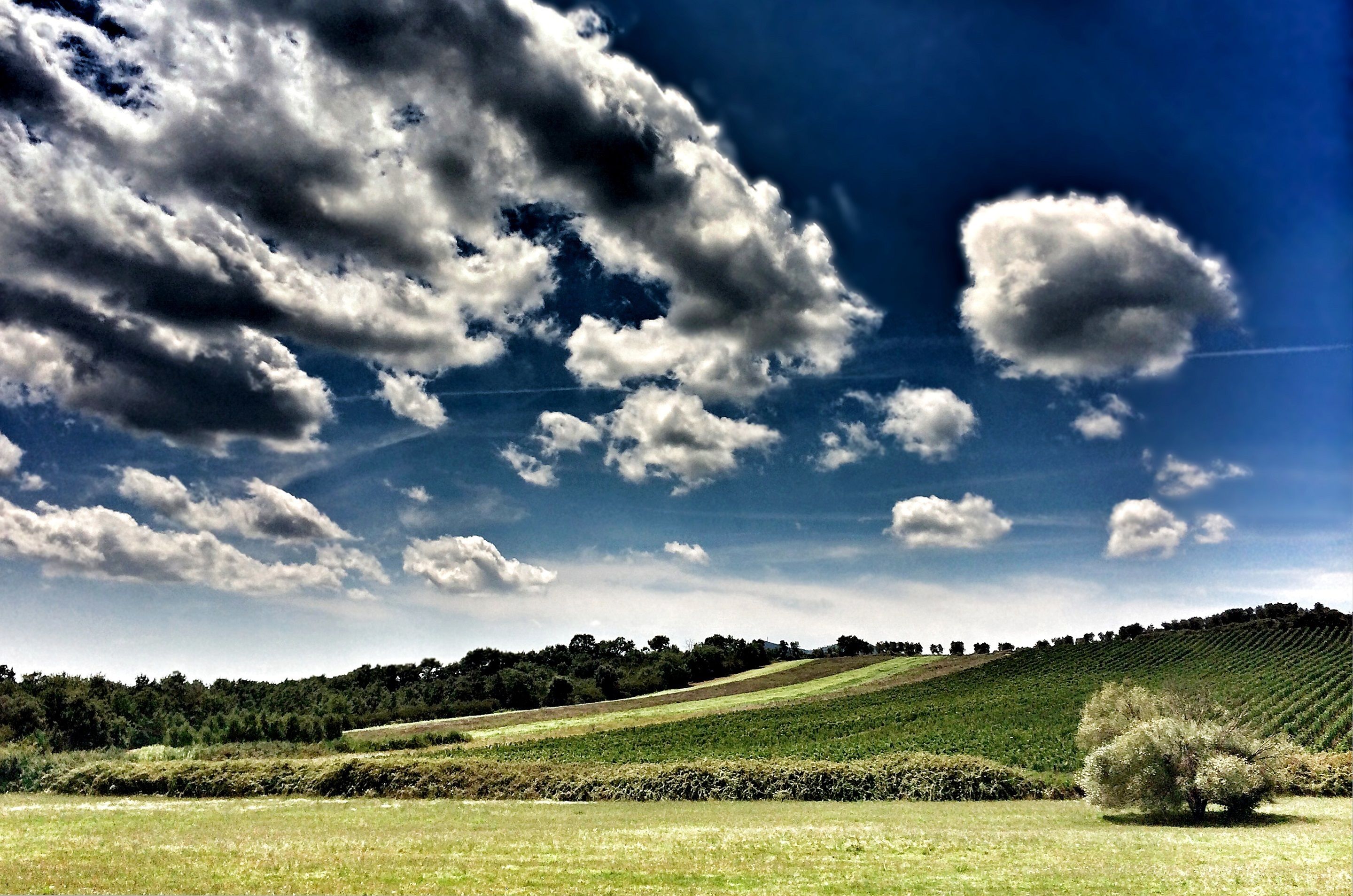 Paesaggio rurale con dolci colline, cielo sereno e nuvole sparse.