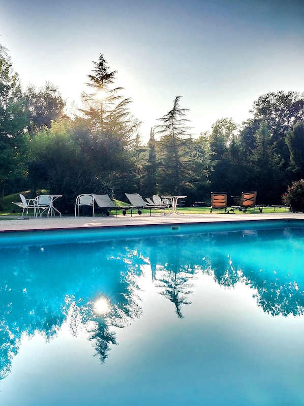 Indoor pool, outdoor pool, pool loungers