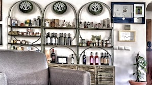 Un salon avec un canapé gris, une table basse et une plante en pot ornée de fleurs rouges. On y trouve des étagères remplies de différentes bouteilles et de bocaux, ainsi qu’un présentoir mural avec trois assiettes décoratives.