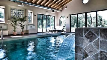 Indoor pool, outdoor pool, pool loungers