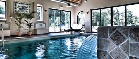 Indoor pool, outdoor pool, pool loungers