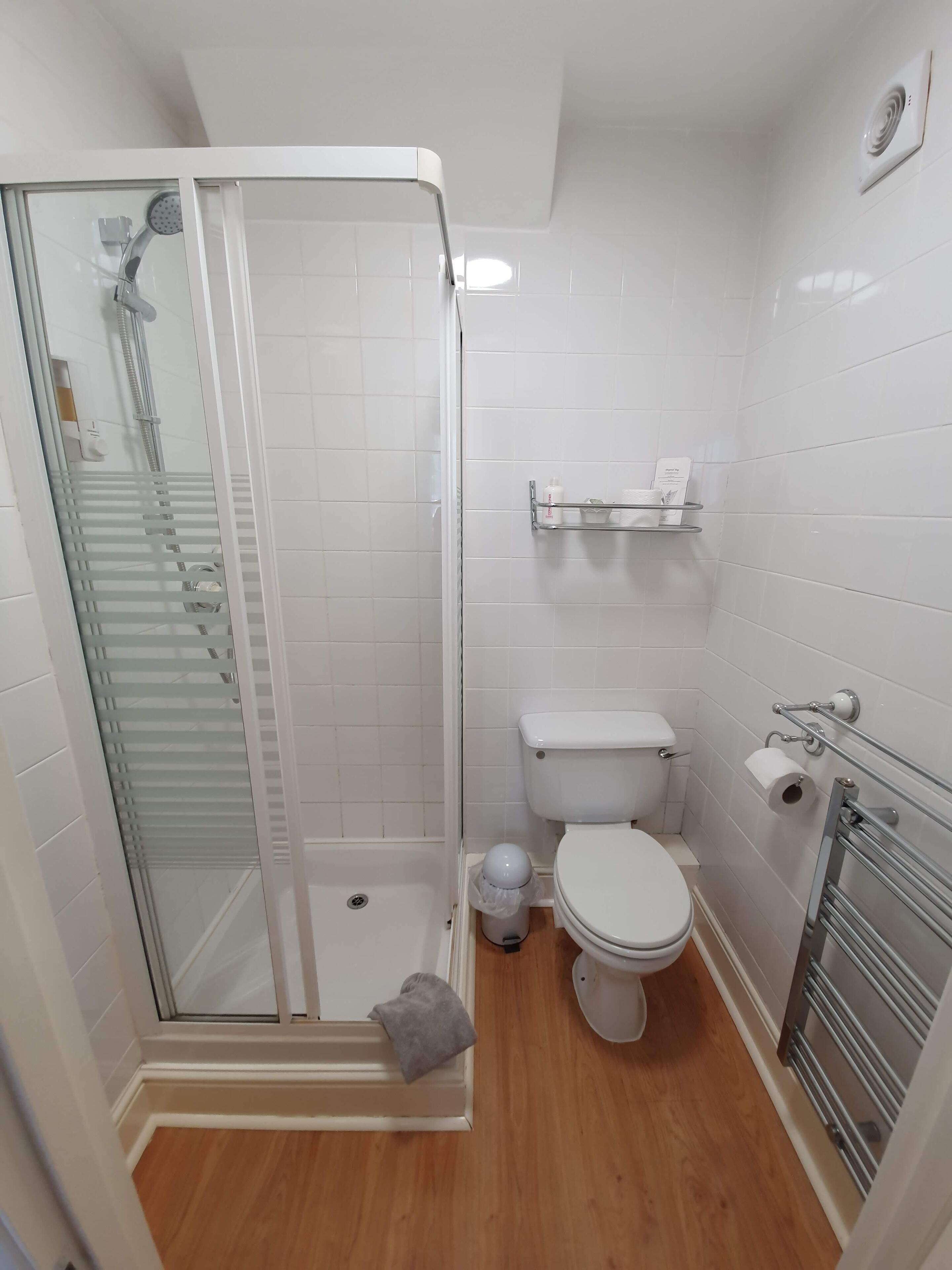 A modern bathroom with a glass-enclosed shower, a toilet, and a towel rack.