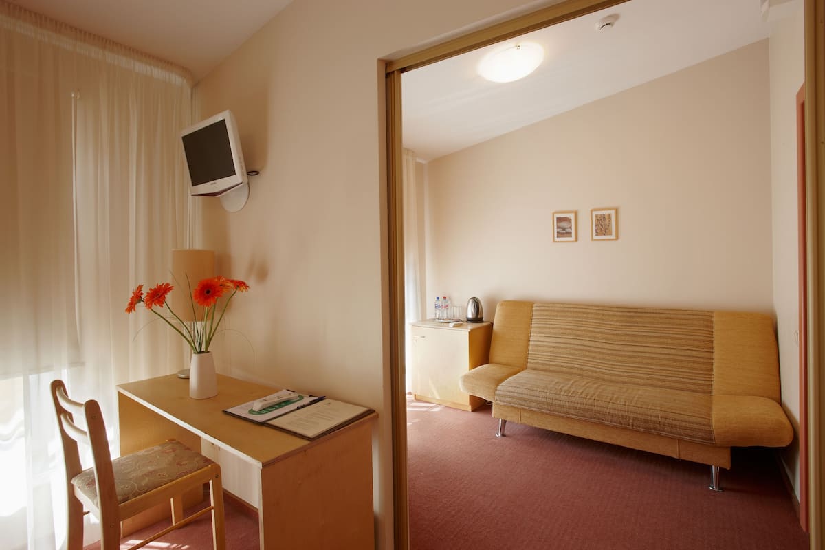 Une chambre d’hôtel avec un bureau en bois, une chaise, une petite table ornée d’un vase de fleurs, un canapé et un téléviseur fixé au mur.