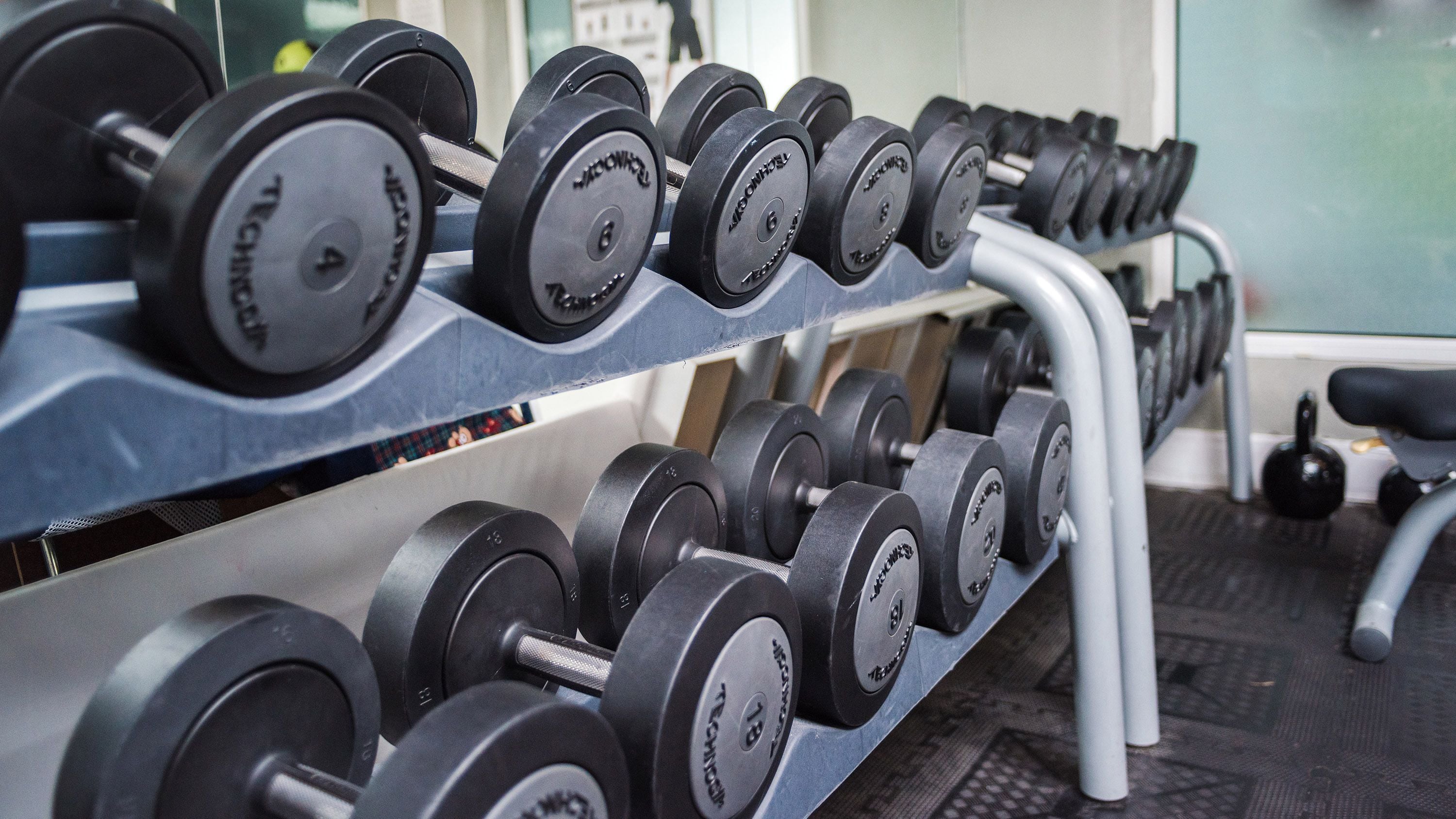 Una rastrelliera con manubri in palestra.