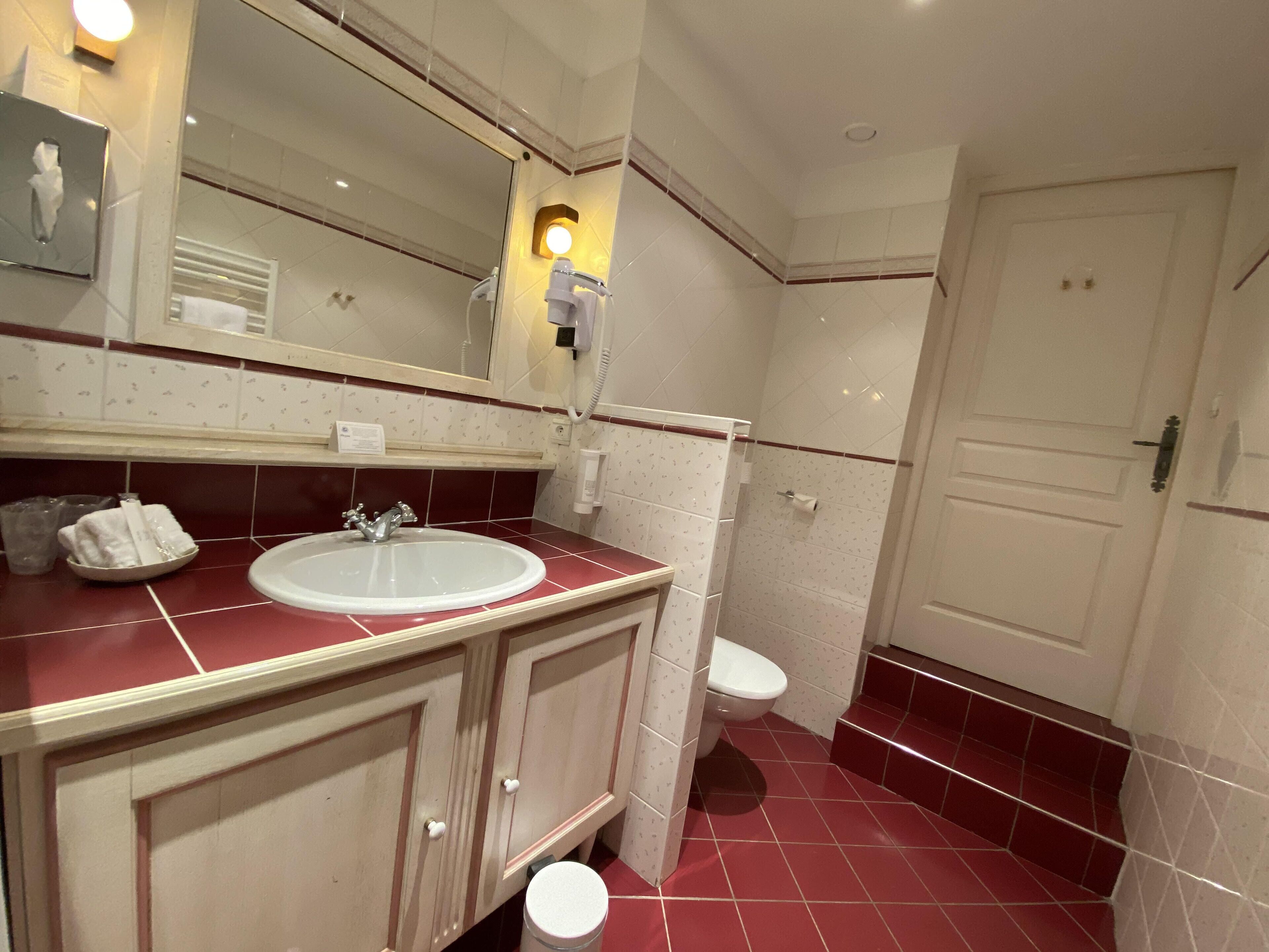 A bathroom with a white sink, a mirror, a toilet, and a door.