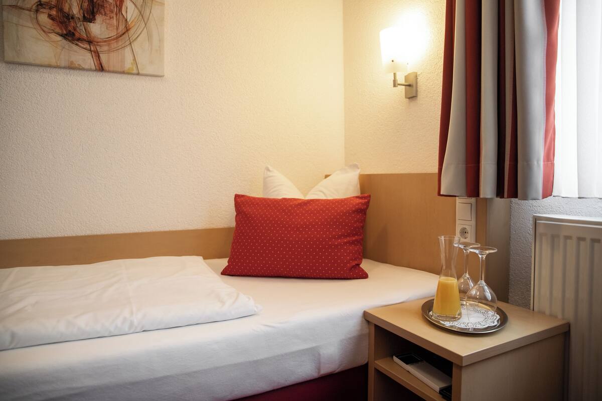 Basic Single Room | Peralatan tempat tidur hipoalergenik, gebar bulu kapas, bar mini 
