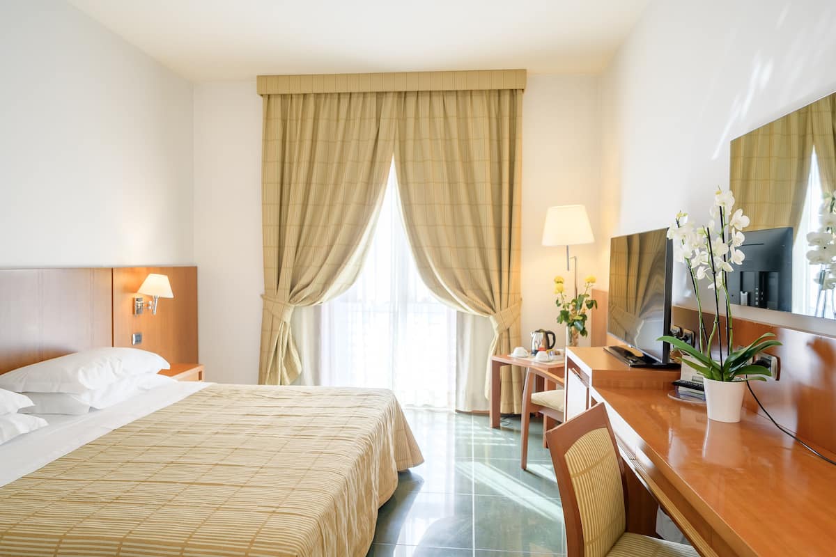A hotel room with a bed, a desk, a chair, a television, and a potted plant.
