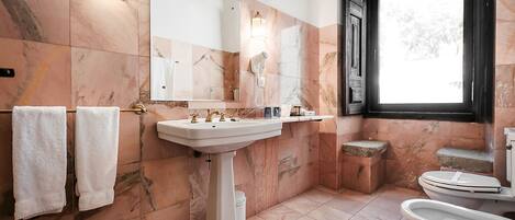 A bathroom with a pedestal sink, a large mirror, a hairdryer, and a toilet.