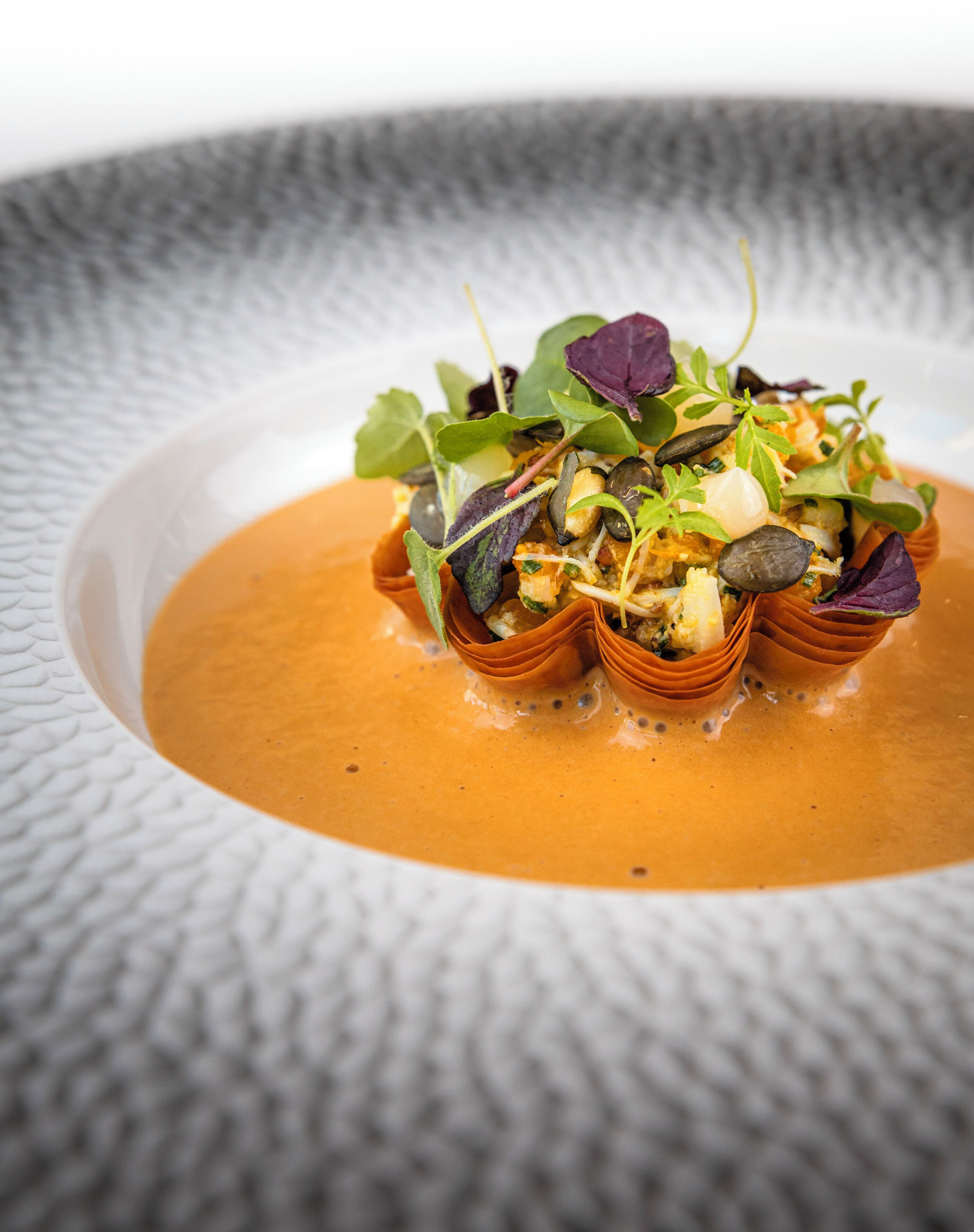A dish with a creamy orange sauce and a variety of greens and seeds on a textured plate.