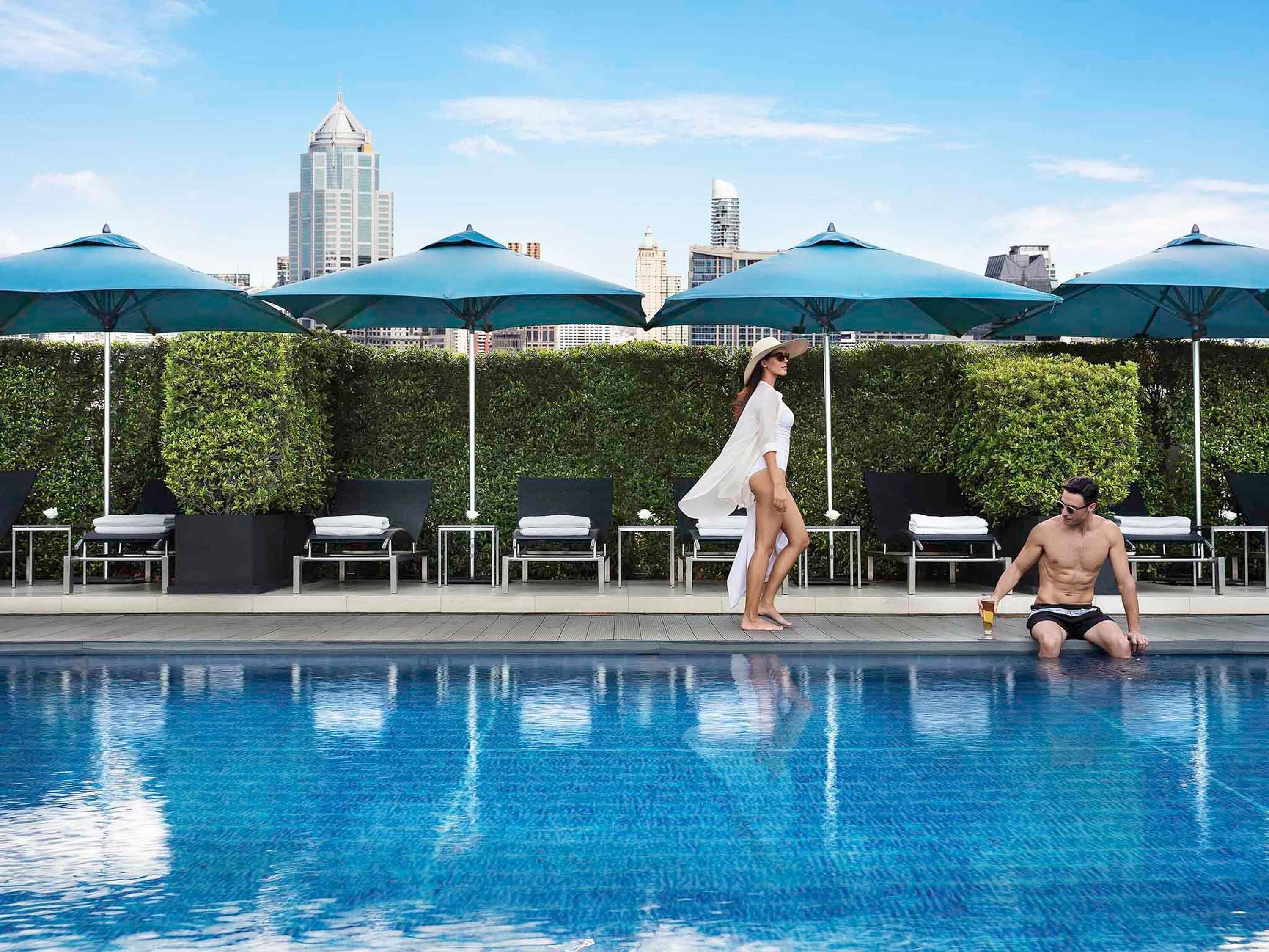 Outdoor pool, pool umbrellas