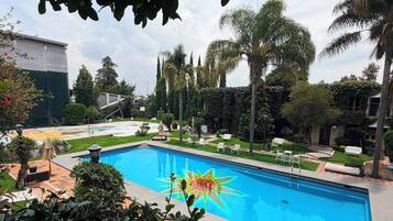 Una piscina con diseño de sol, rodeada de palmeras y un césped cuidado.