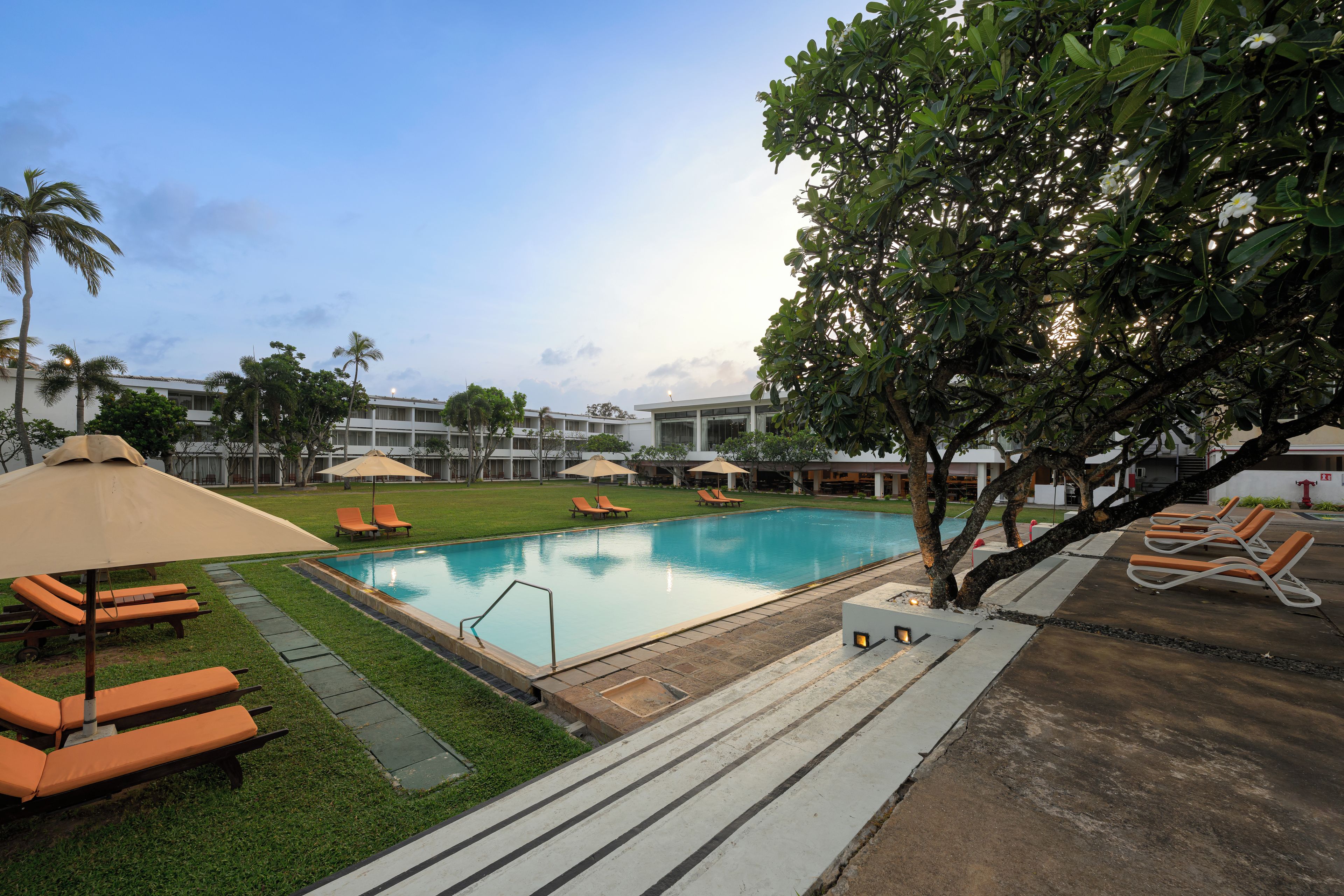 A swimming pool with lounge chairs and umbrellas, surrounded by greenery and buildings.