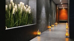 A modern hallway with a large planter of white flowers, recessed lighting, and decorative wall sconces. - Ajax Hotel (Limassol)