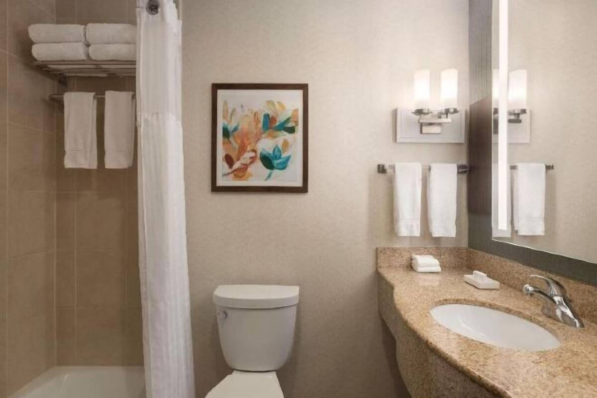 Designer toiletries, hair dryer, towels