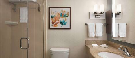A modern bathroom with a glass shower enclosure, a toilet, a sink with a granite countertop, and a framed floral artwork on the wall.