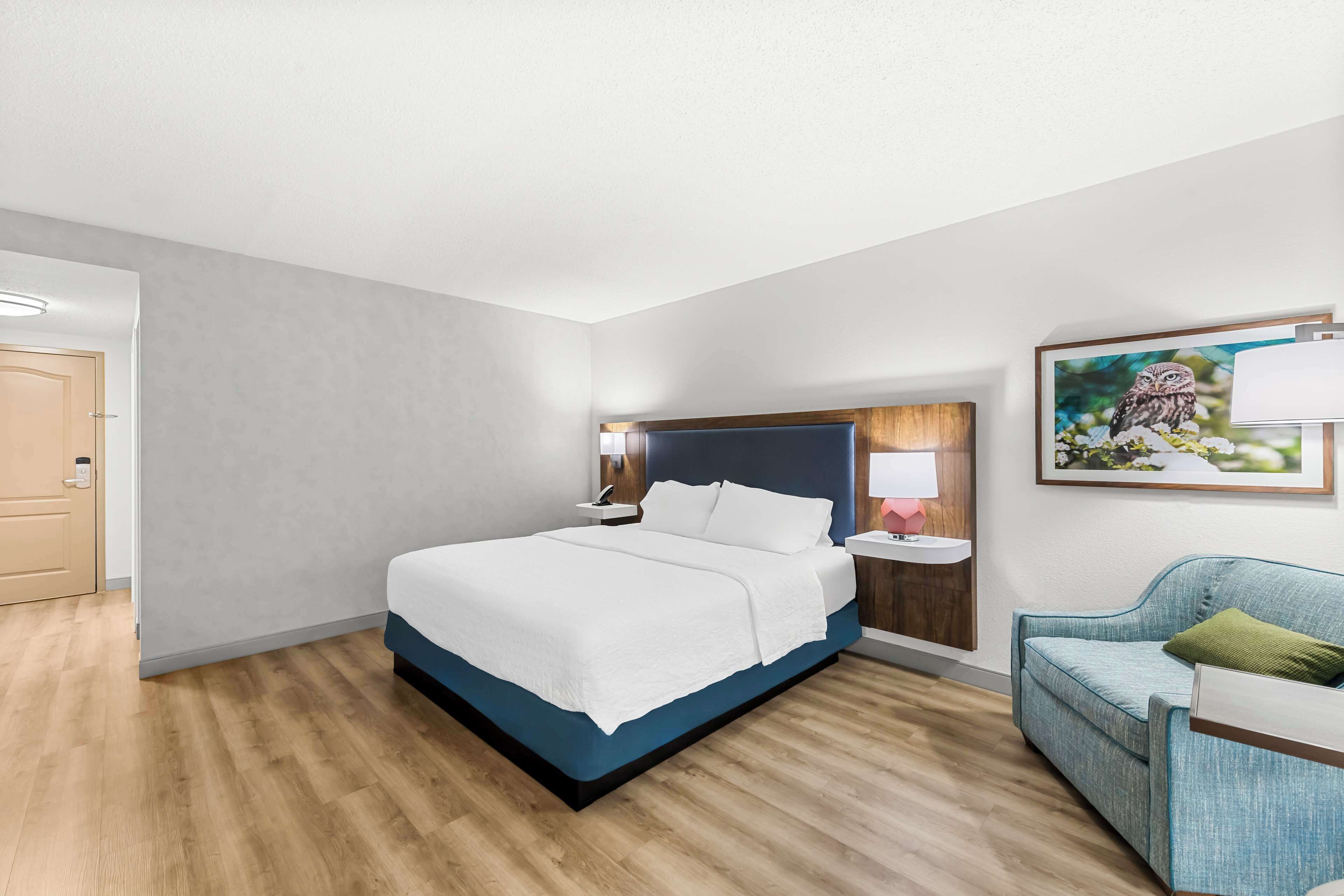A modern hotel room with a large bed, bedside tables, a blue sofa, and a framed picture on the wall.