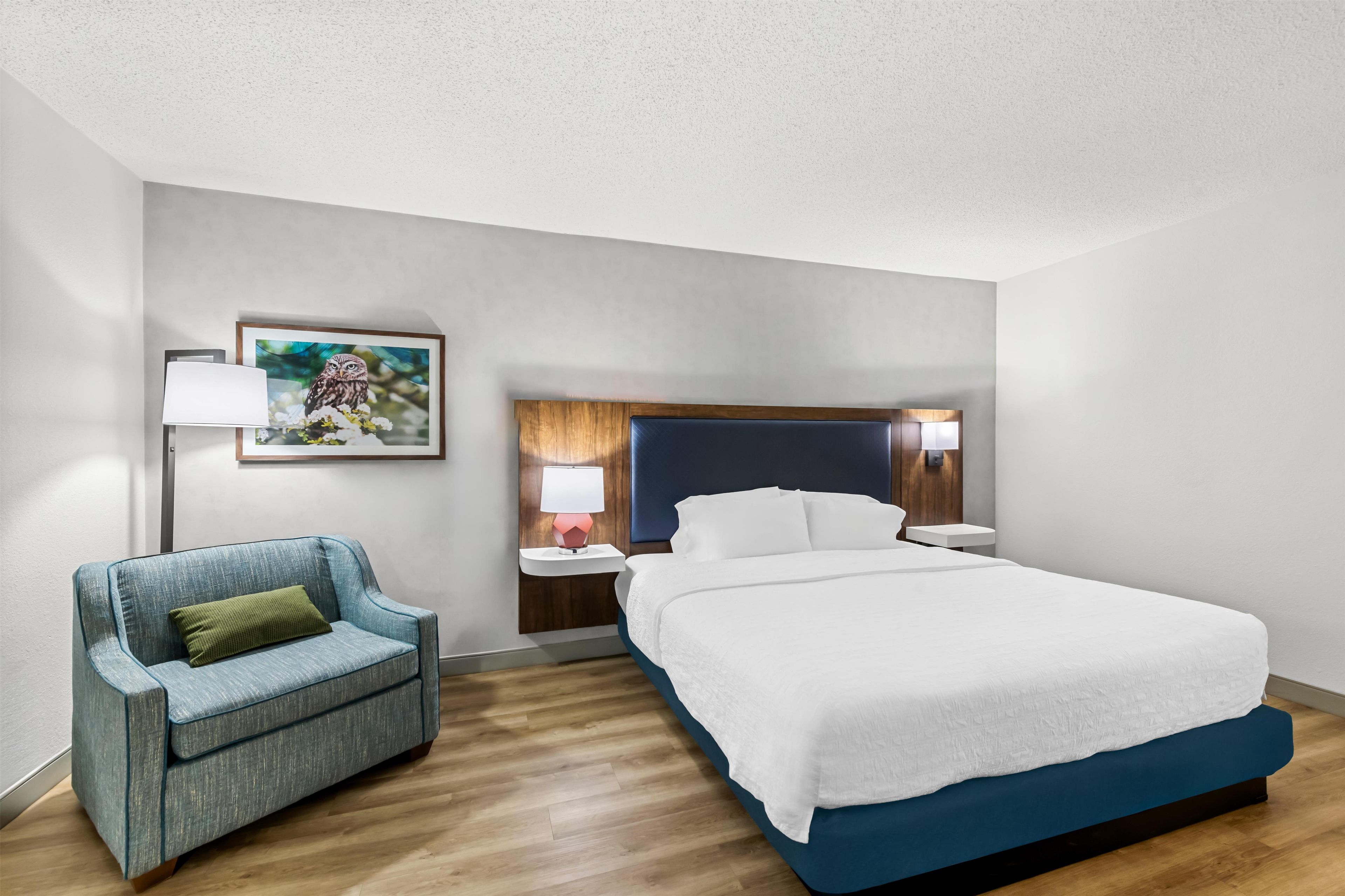 A hotel room with a bed, a chair, a nightstand, a lamp, and a framed picture on the wall.