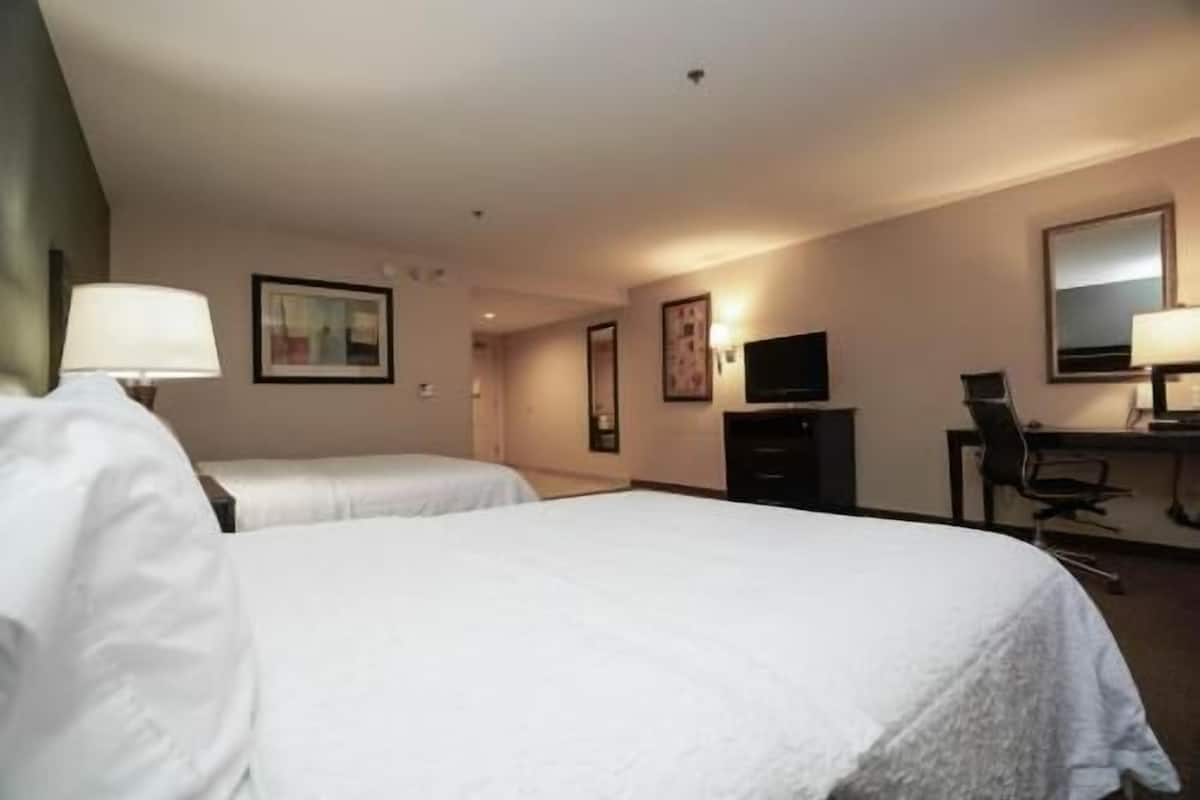Quarto de hotel com duas camas, uma escrivaninha, uma cadeira, uma televisão e um espelho.