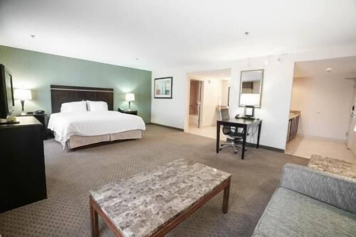 A hotel room with a bed, a desk, a chair, a sofa, and a small table.