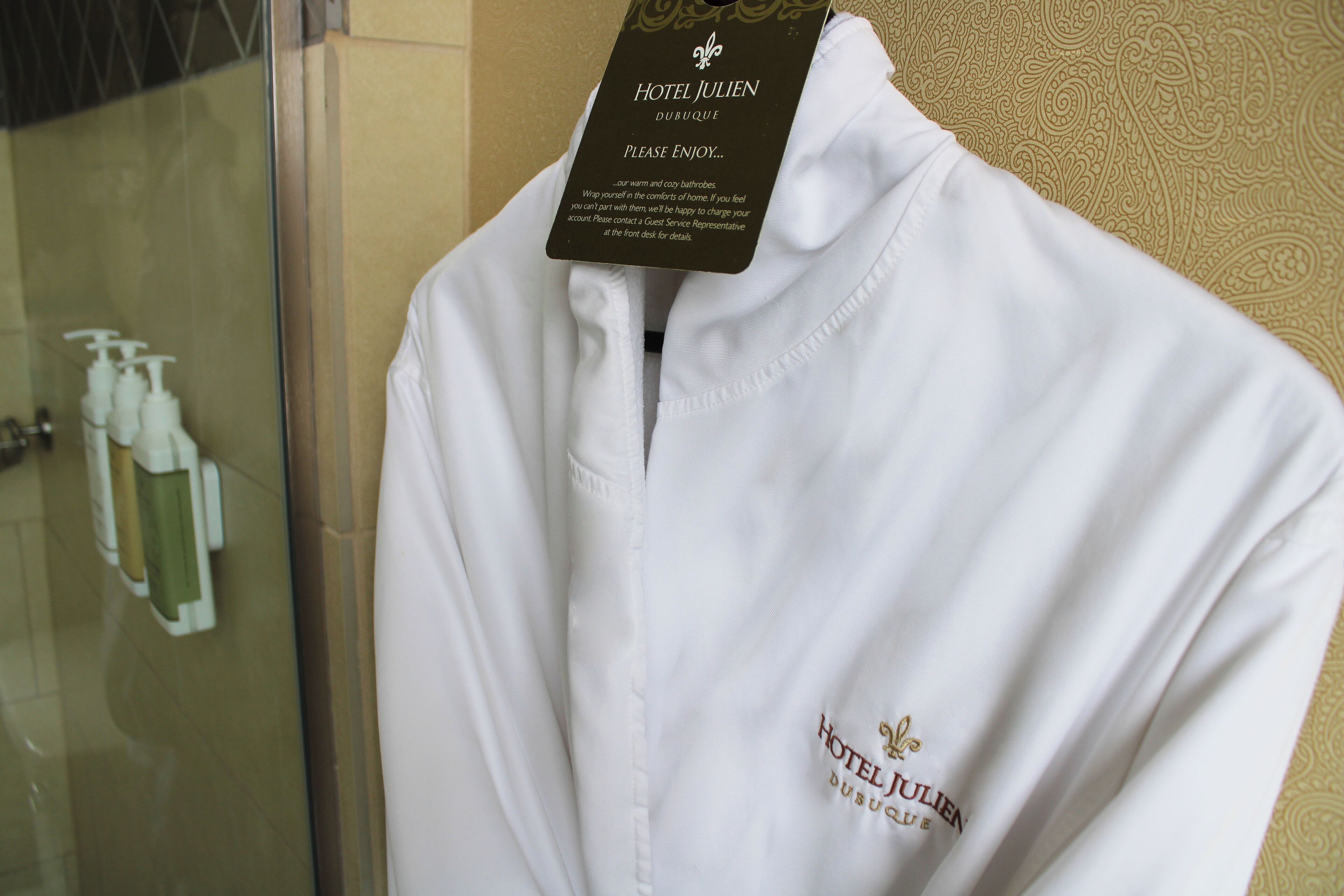 designer toiletries, hair dryer, bathrobes, towels